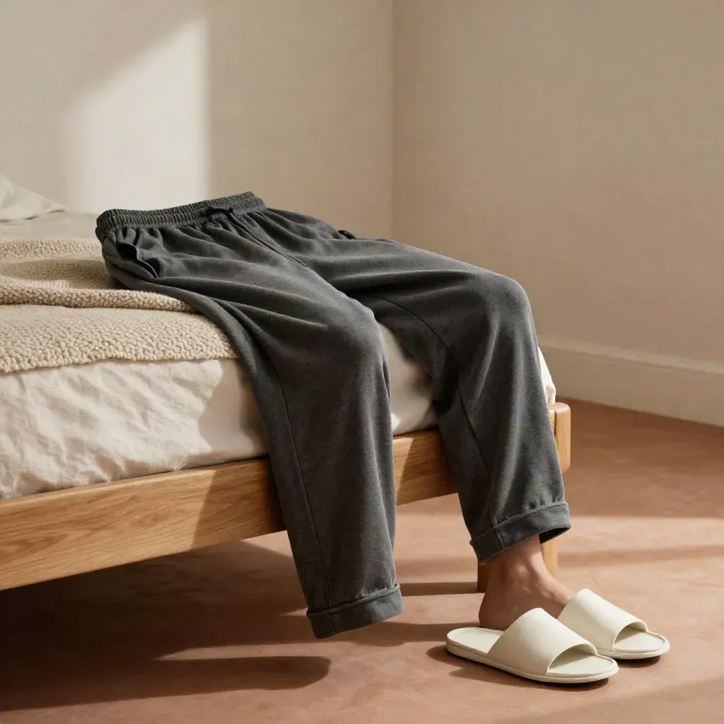 Charcoal lounge shorts folded by a bed with blanket and slippers in soft morning light