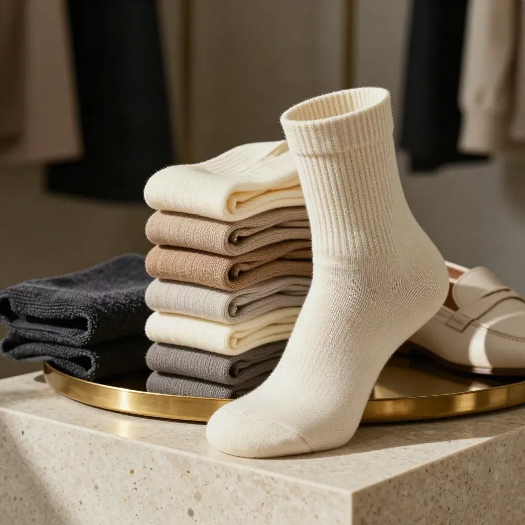 Stacked ivory ankle socks on travertine with brass accents in soft studio light.