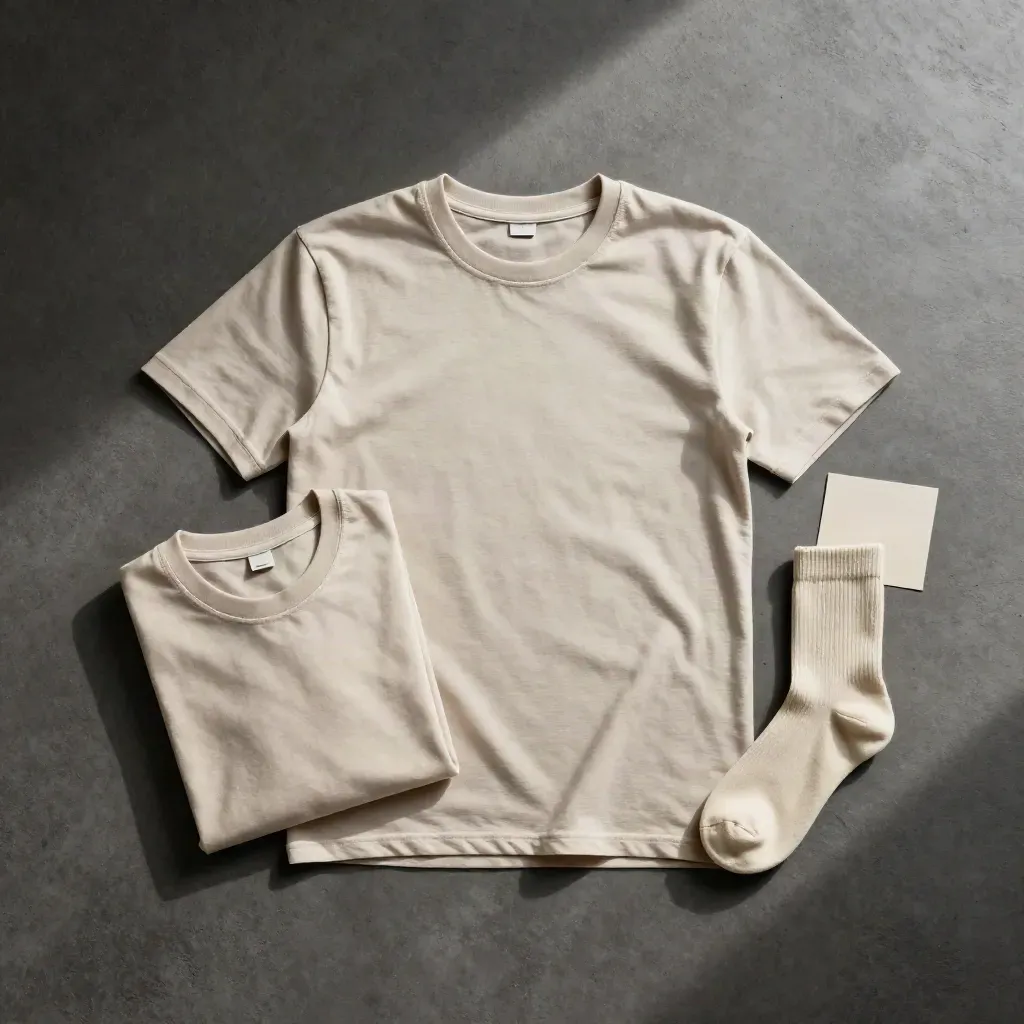 Flatlay of a crew undershirt, folded tee, and socks on concrete with soft daylight.