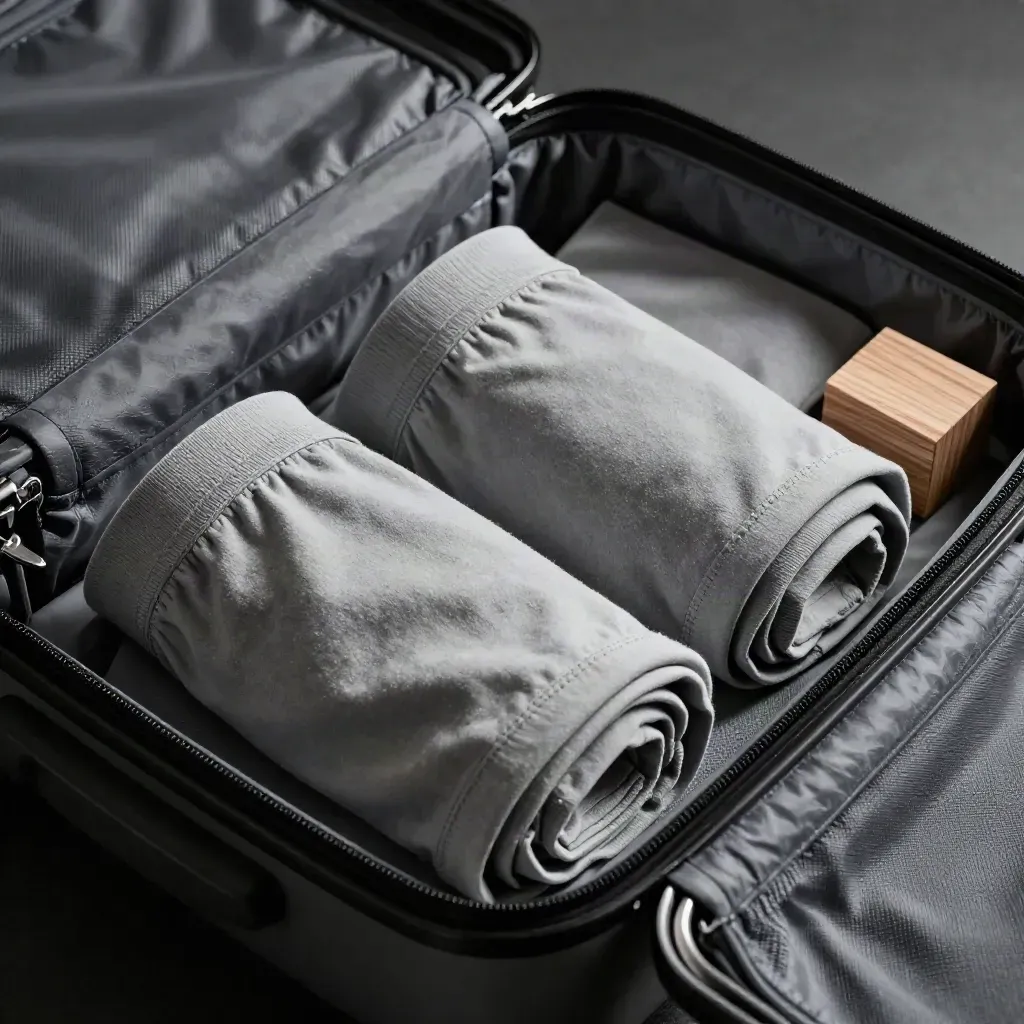 Open packing cube with rolled boxer briefs, travel pouch and cedar block in cool cabin light.