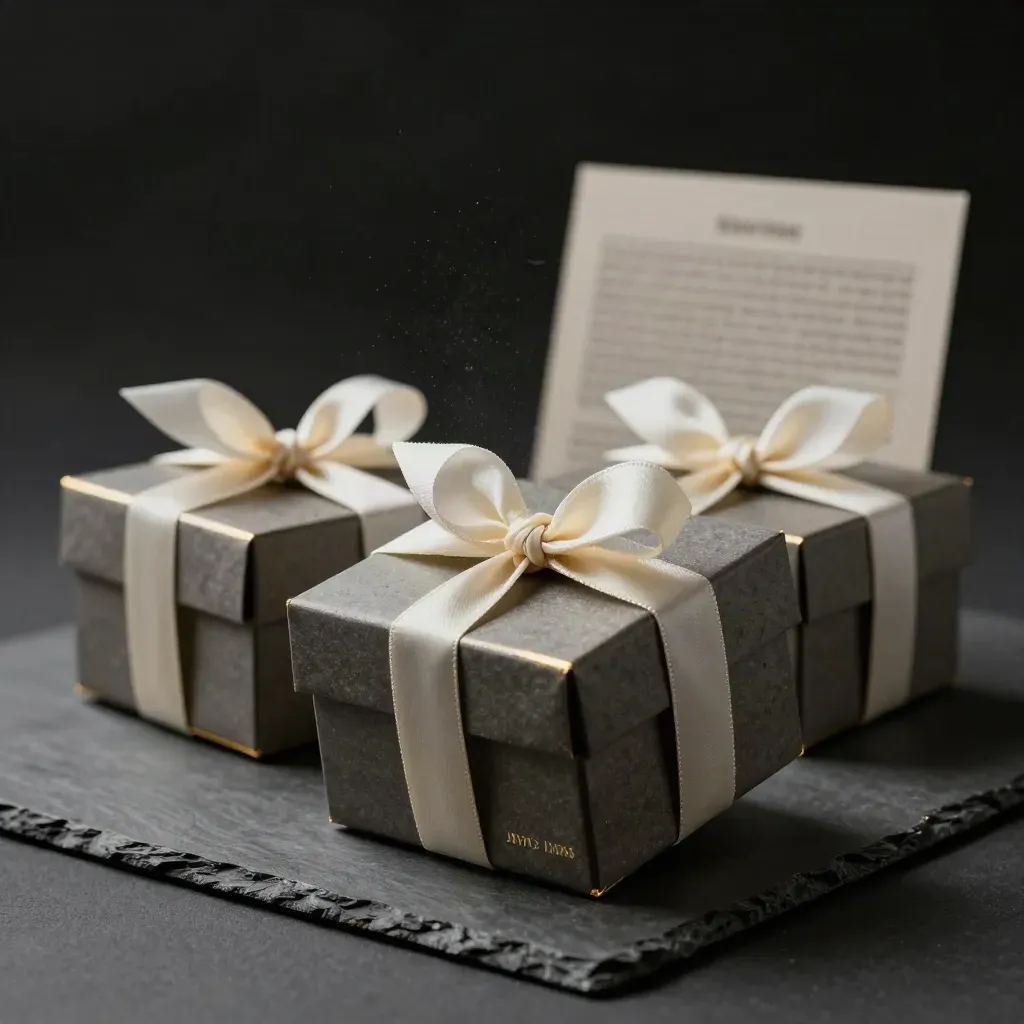 Three nested gift boxes with tissue bands and a ribbon loop on graphite, lit dramatically