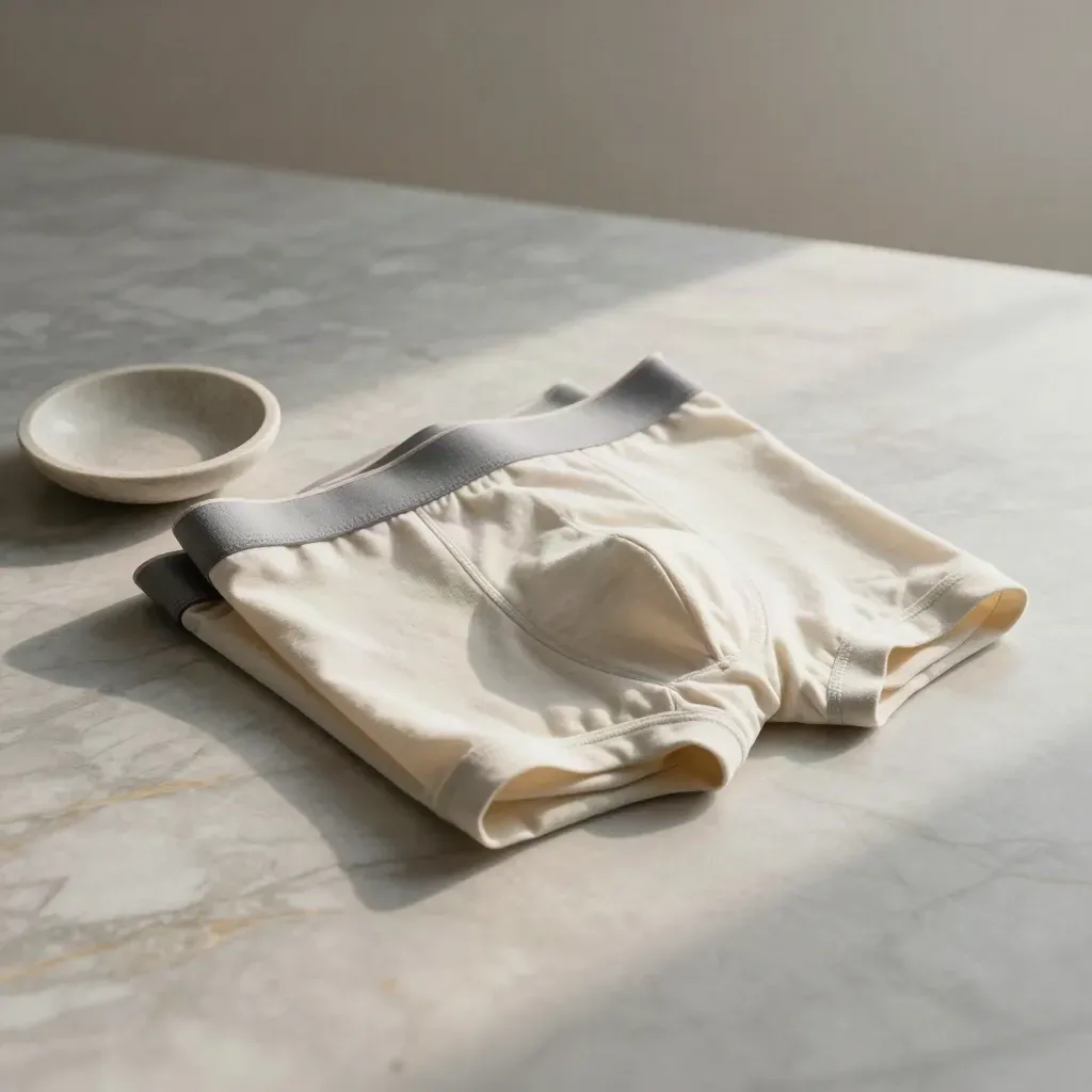 Folded boxer briefs and a stone dish on a sunlit marble slab with calm copy space.