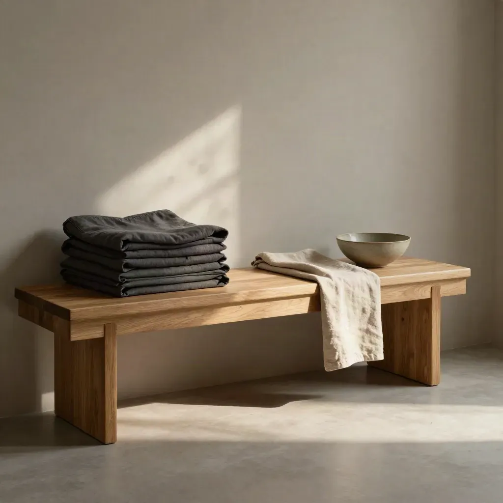 Oak bench, folded trunks, linen throw and ceramic bowl in a sunlit quiet interior.