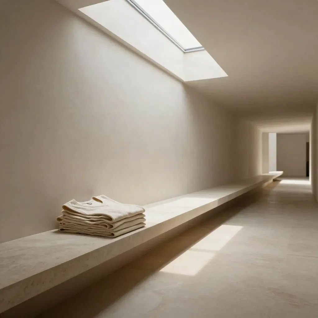 Sunlit plaster corridor with folded undershirts on a ledge, calm lower space for copy.