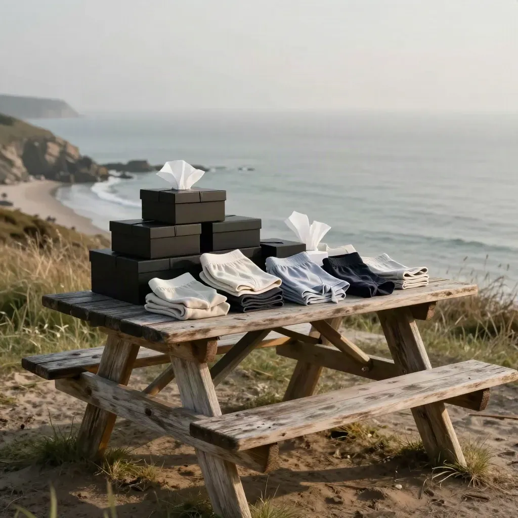 Gift sets on a weathered picnic table above a misty coastal bluff at sunset.