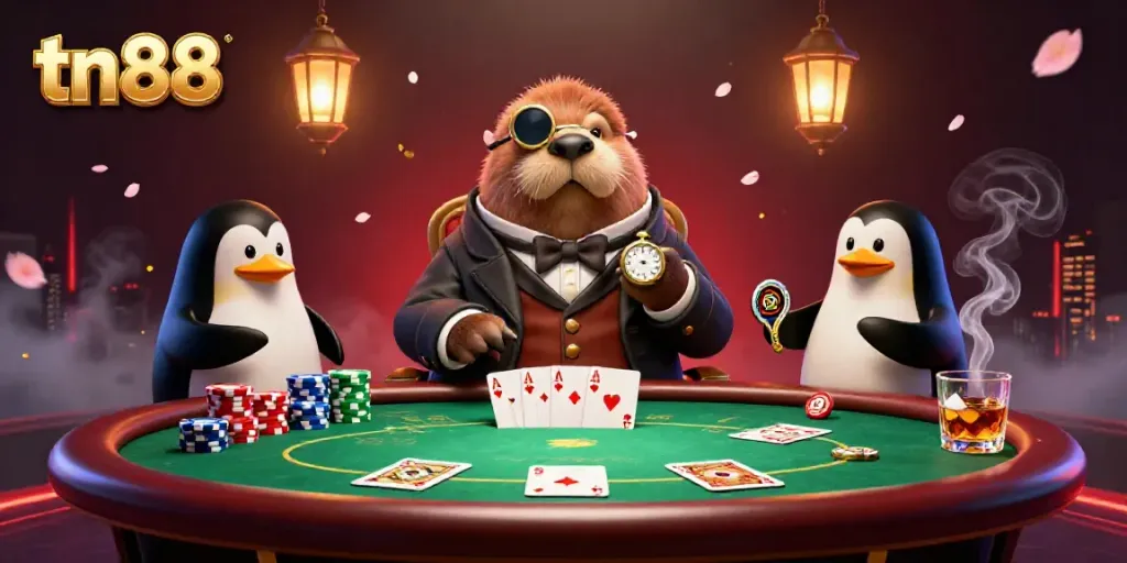 Engage in thrilling poker action at tn88, featuring a vibrant underwater scene with characters playing cards.