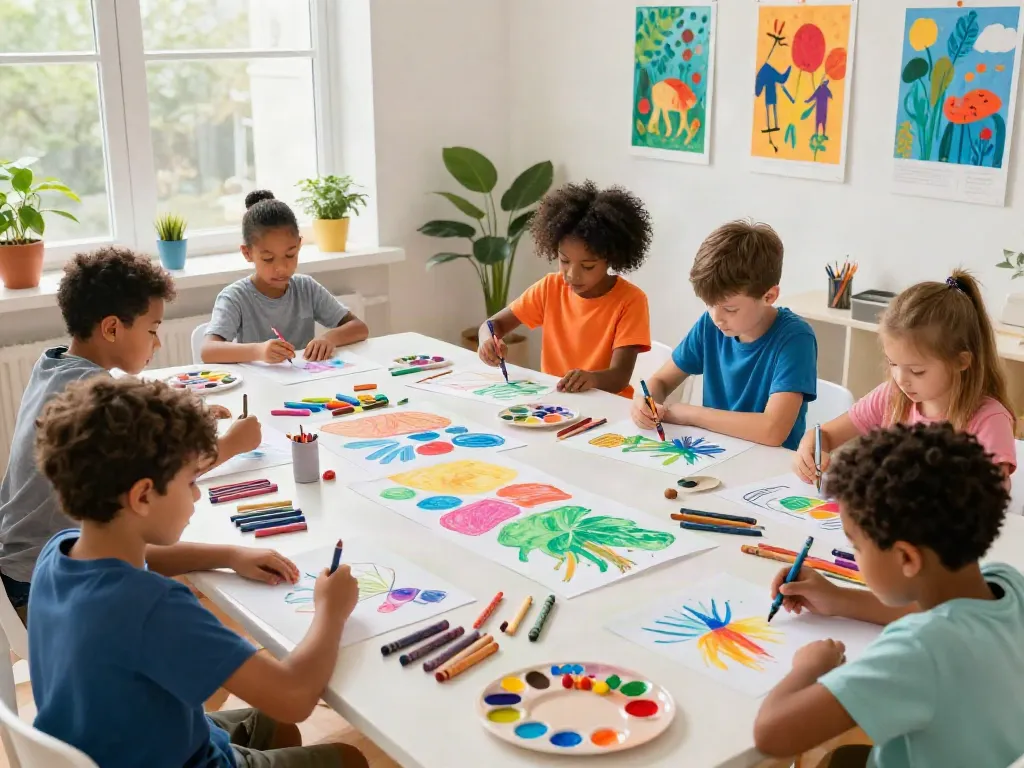 Children creating art with crayons from a professional crayon manufacturer in a bright studio.