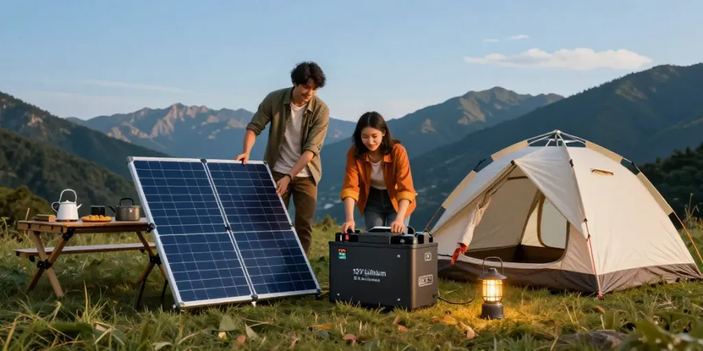 Couple setting up campsite using 12V Lithium Batteries for solar power.