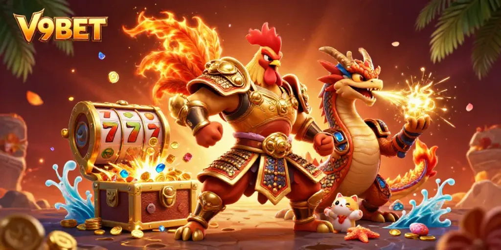 Experience thrilling wins at V9BET with an action-packed scene of a colorful dragon, rooster, and treasure!