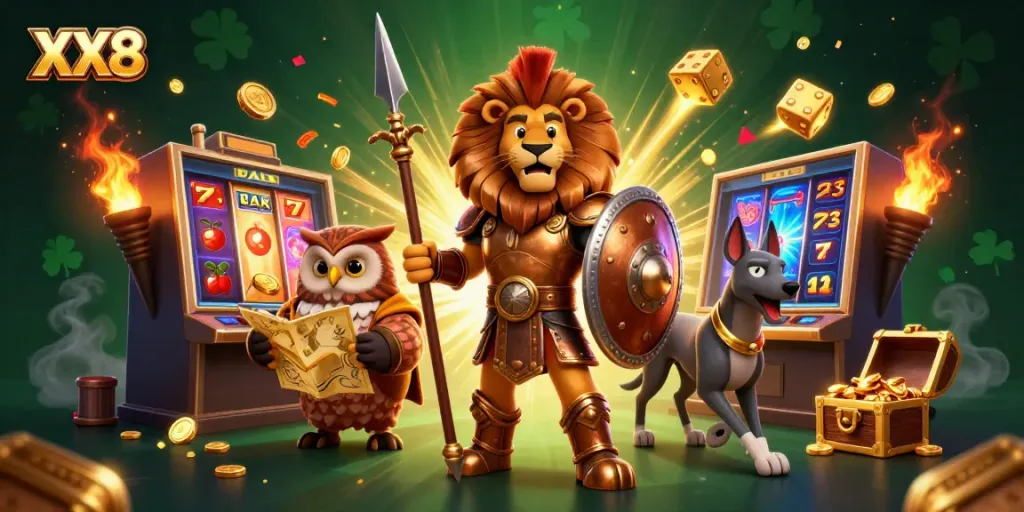Experience XX8 excitement with a dynamic scene showcasing a Spartan lion, tactical owl, and swift greyhound amidst a jackpot explosion.