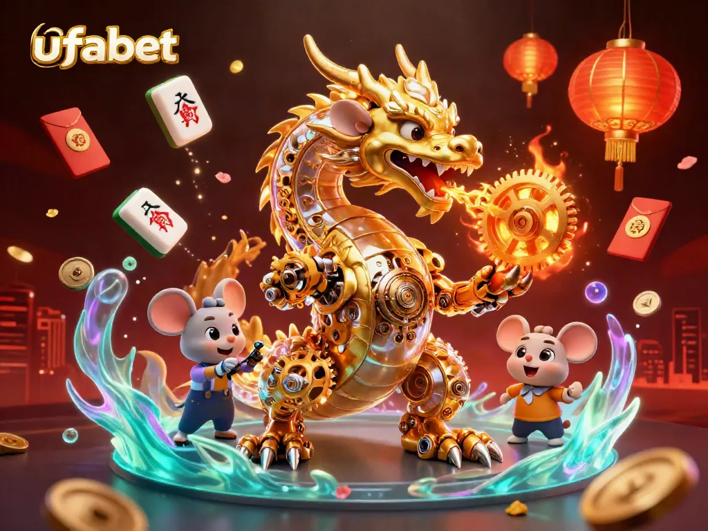 ภาพวาด 3D ของ ufabet กับมังกรทองที่มีเครื่องจักรภายในและรายละเอียดความโชคดี
