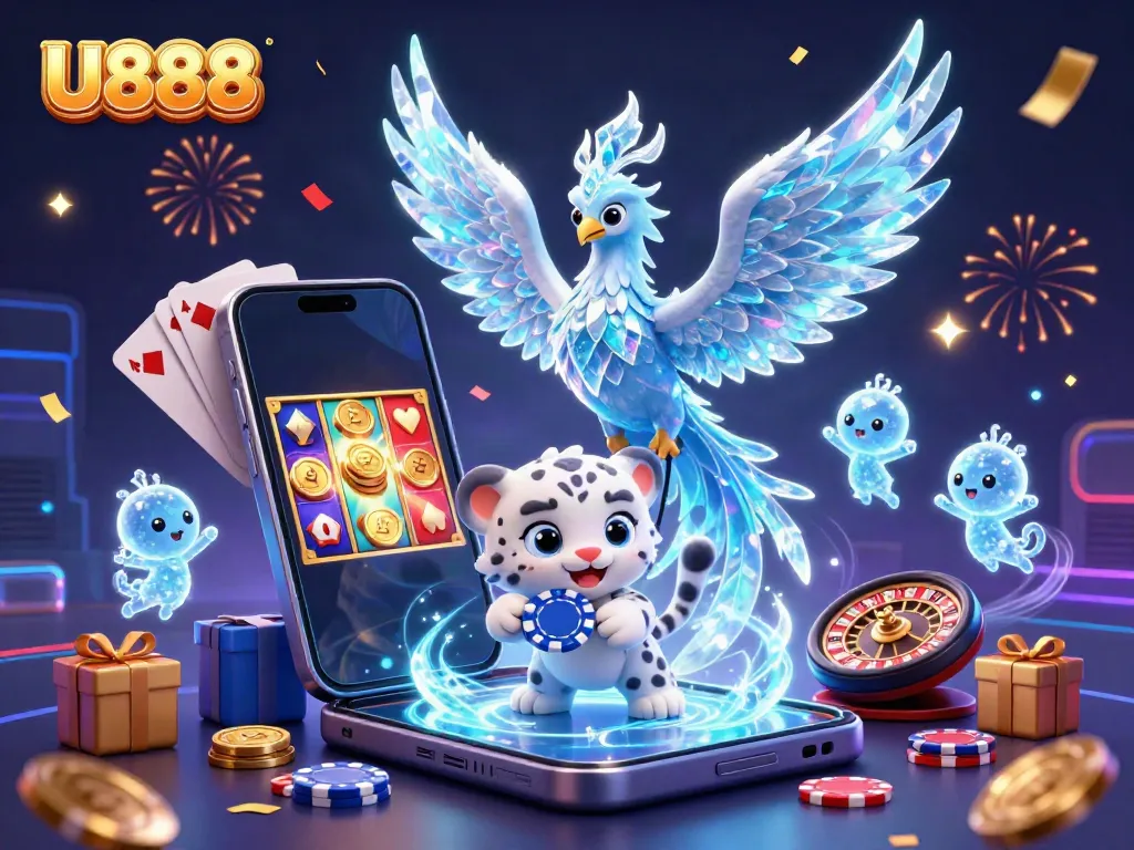 Experience the lively U888 casino atmosphere with an ice phoenix, snow leopard cub, and vibrant gaming elements.