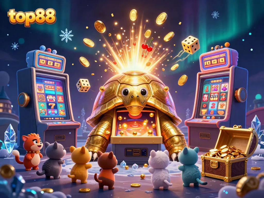 Experience thrilling jackpots and fun games at top88, featuring lively illustrations of casino elements and playful characters.