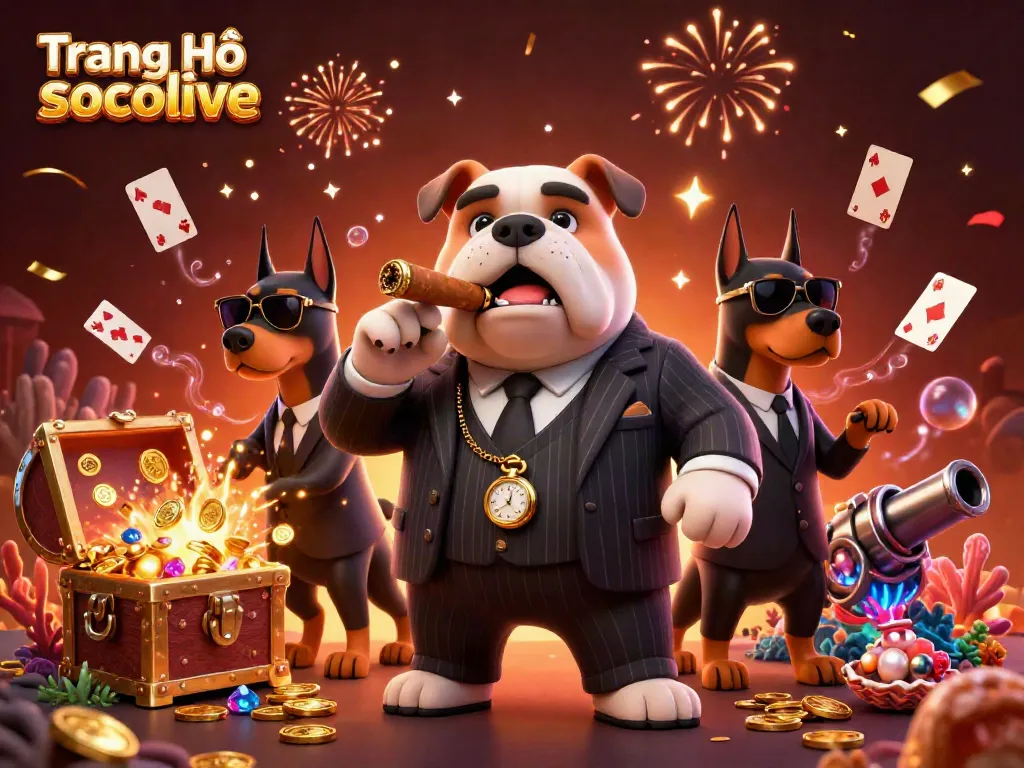 Engage with the thrill of Trang Chủ socolive as a mafia bulldog and bodyguards celebrate winning at a vibrant casino.
