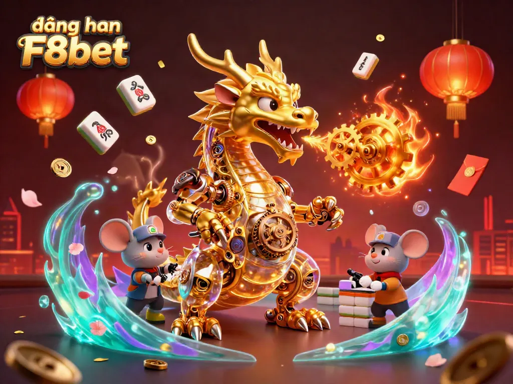 Engage with the vibrant world of đăng nhập F8bet featuring a golden dragon and dynamic casino elements.