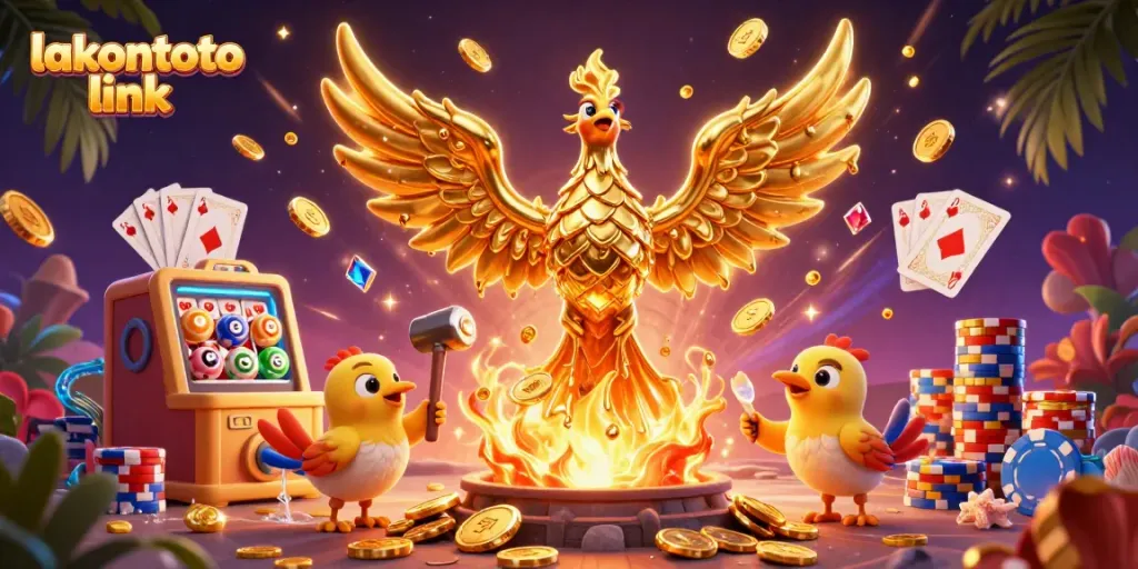 Memenangkan jackpot dengan lakontoto link, ilustrasi kasino dengan phoenix emas.