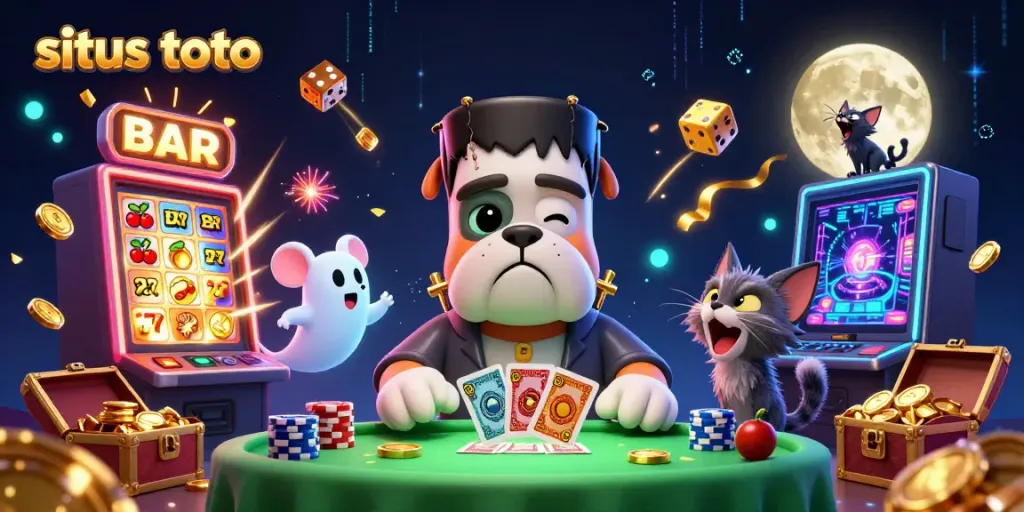 Dynamic casino scene featuring situs toto characters and elements, showcasing vibrant 3D gambling action.