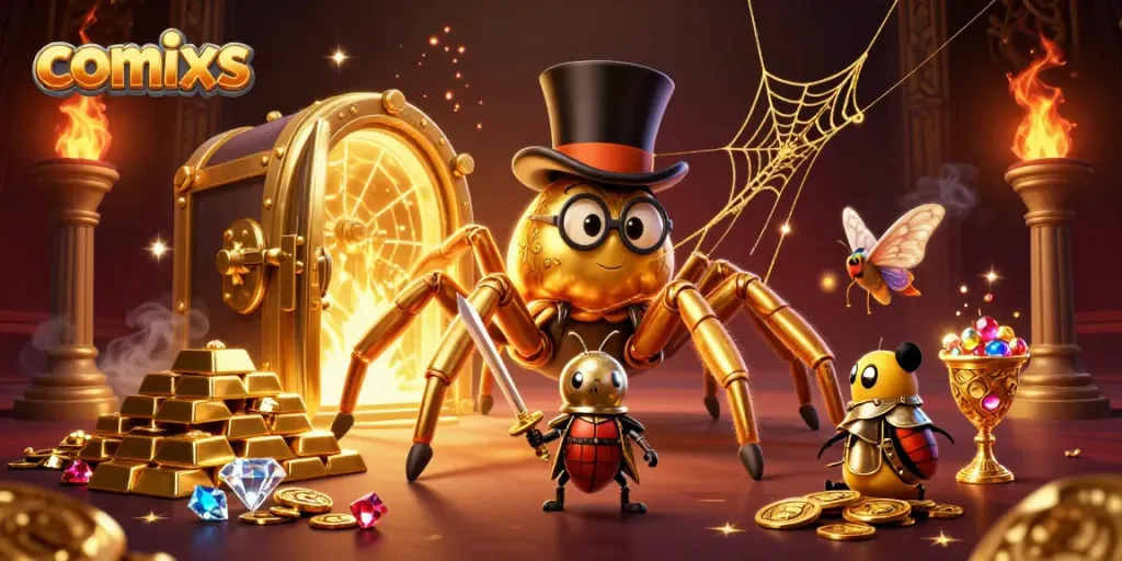 Experience comixs in an enchanting casino world where a golden tarantula weaves fortunes.