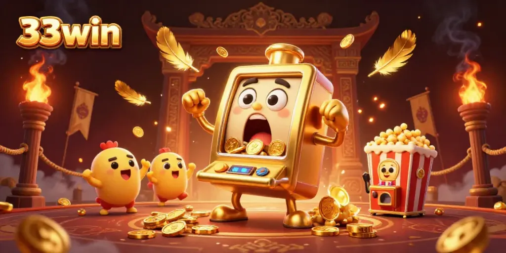 33win's vibrant 3D illustration showcases a golden slot machine celebrating a jackpot amidst dynamic casino elements.