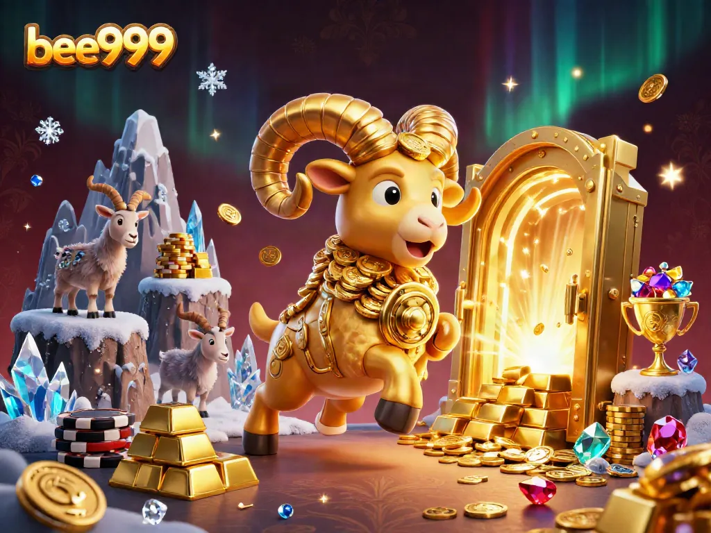 Experience the exciting energy of bee999 with a charging 3D golden ram amidst a treasure-filled casino scene.
