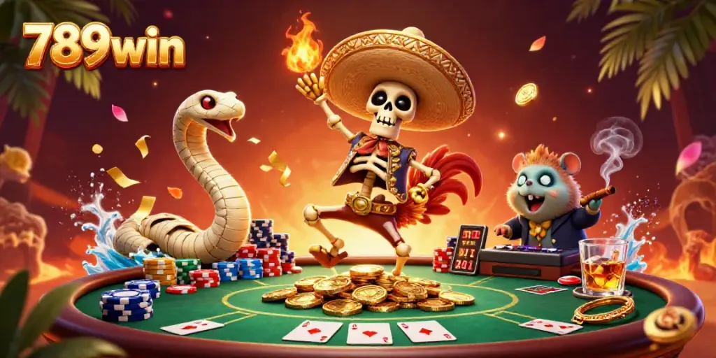 Celebrate your winnings with 789win in a lively casino scene featuring a skeleton mariachi rooster, mummy snake, and zombie hamster DJ.