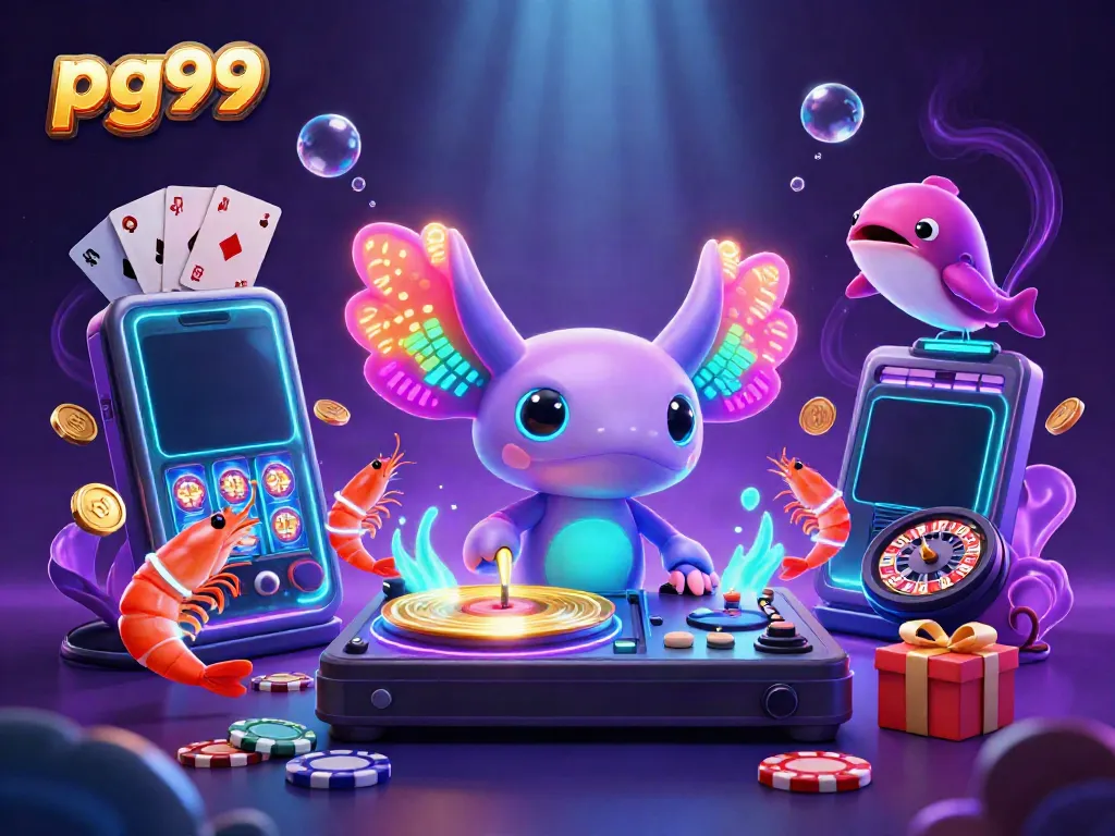 pg99 captivating underwater casino scene with an axolotl DJ and vibrant game elements