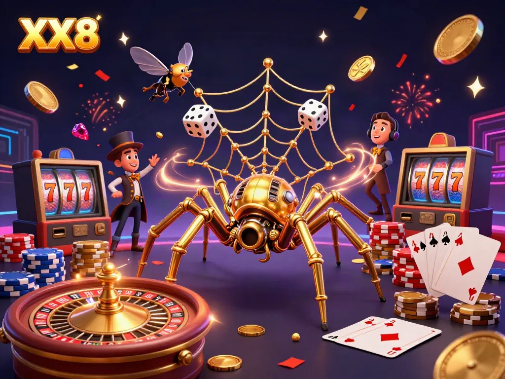Join the excitement of XX8 gaming with a vibrant 3D scene full of cascading coins and colorful poker chips.