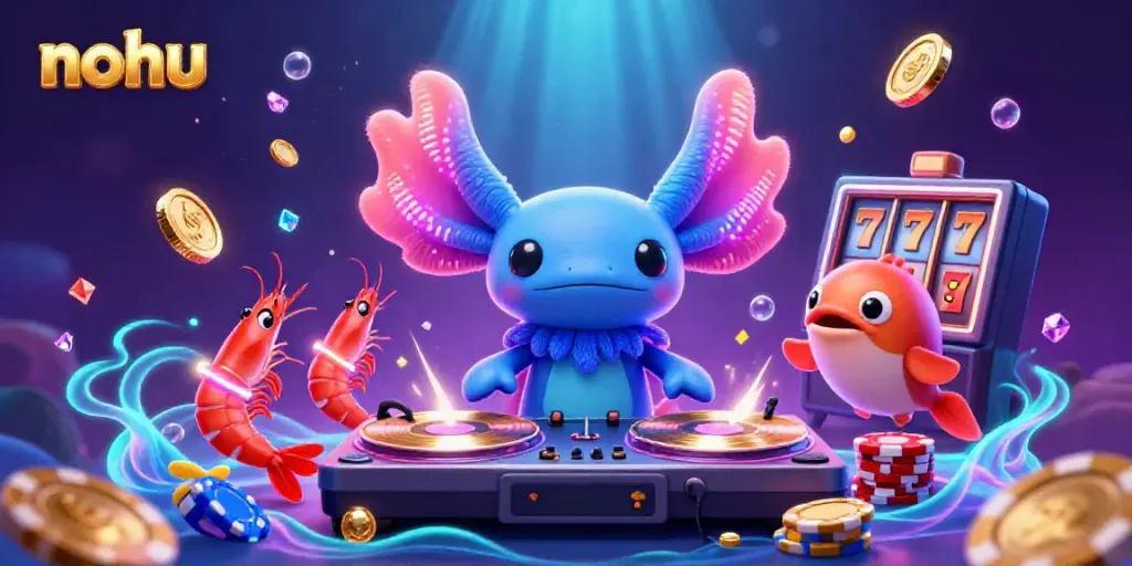 Nohu showcases fun with a vibrant axolotl DJ and casino elements amidst sparkling gems and coins.