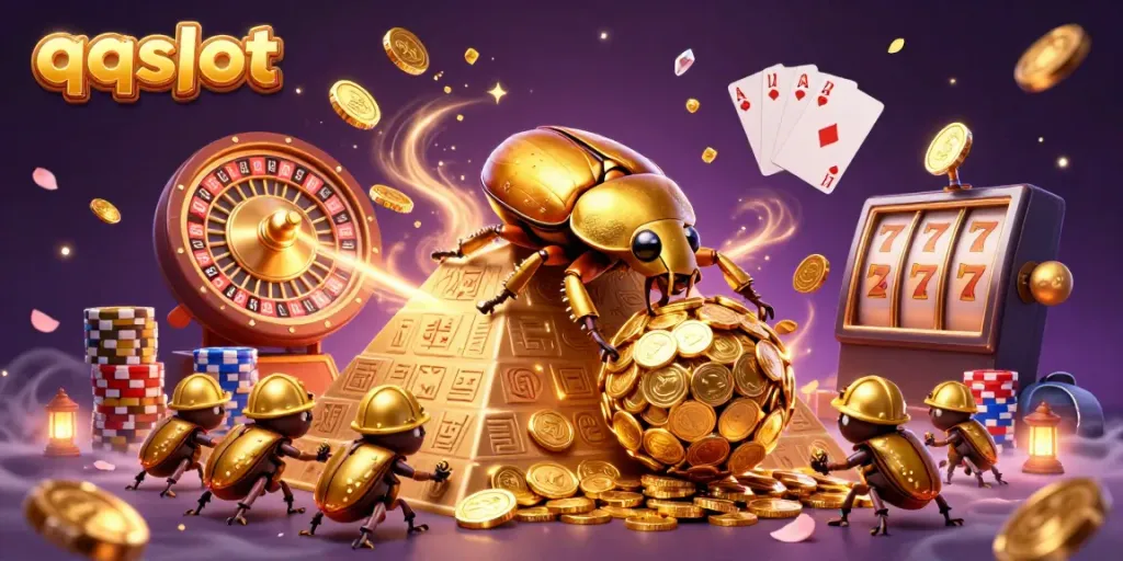 Experience the thrilling adventure of qqslot with a golden dung beetle triumphantly rolling coins amidst vibrant casino elements.