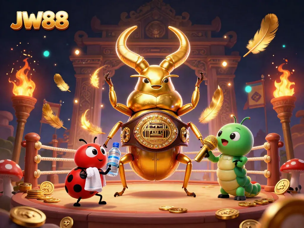JW88 showcases a thrilling 3D illustration of a golden stag beetle in a boxing ring, emphasizing exciting betting action.