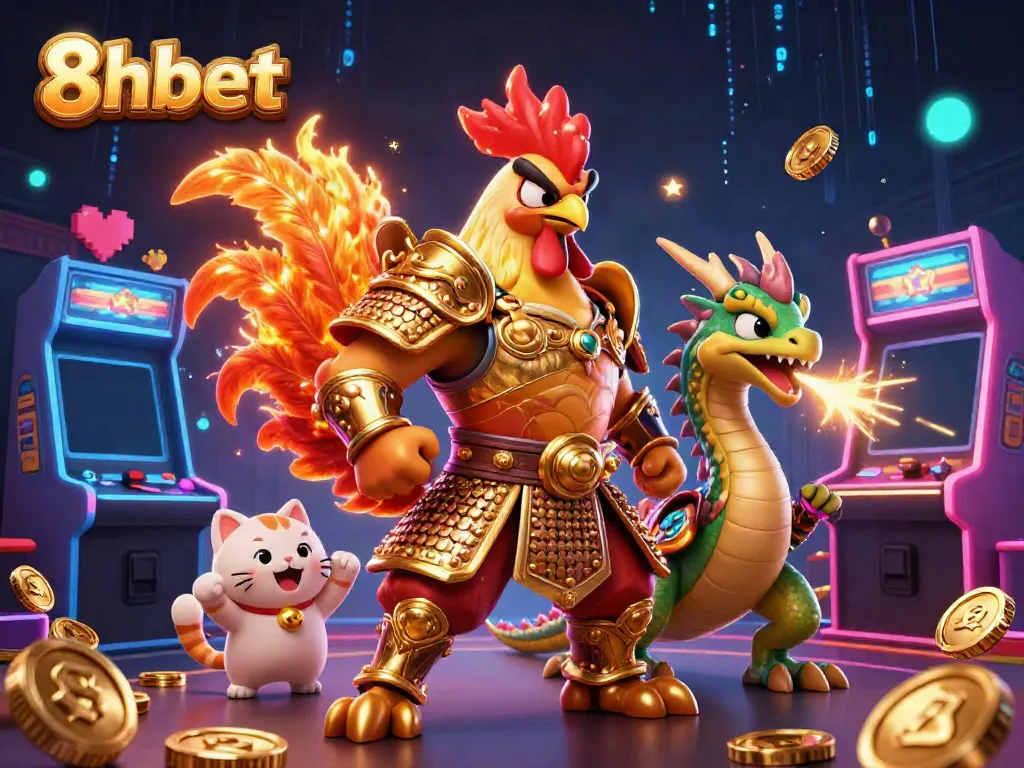 Engage in thrilling gaming with 8xbet's vibrant characters and arcade action in this 3D illustration.