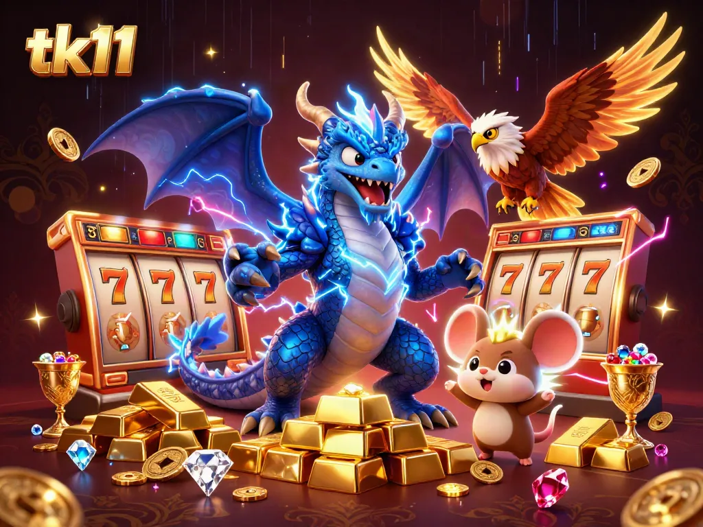Experience thrilling slot action in the dynamic scene featuring tk11 characters, rich in gold and vibrant casino elements.