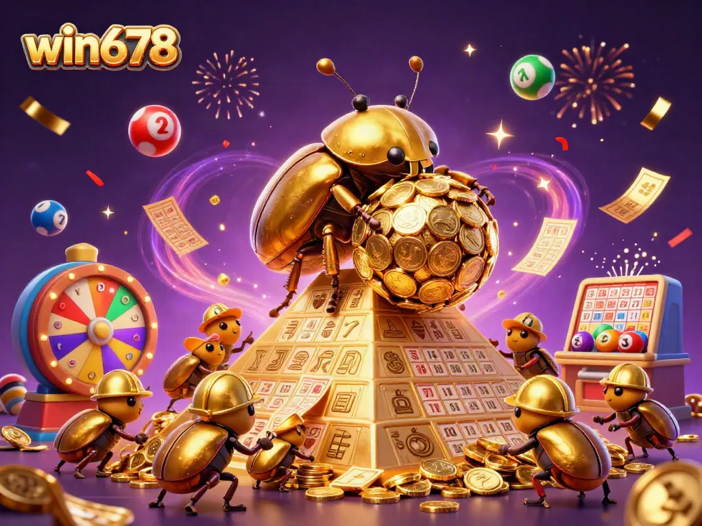 win678's golden dung beetle rolls coins up a pyramid with vibrant casino elements around.