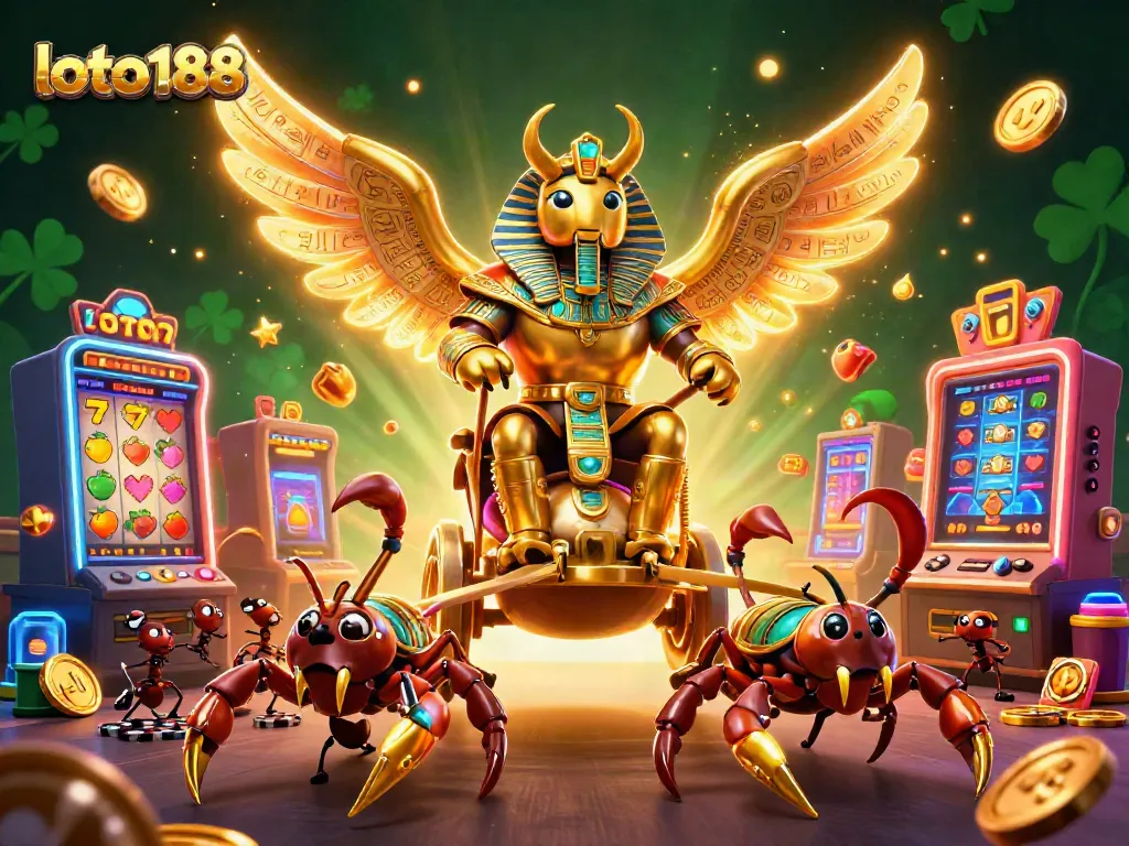 Engage in exciting games at loto188 while the colossal golden scarab beetle leads the way in an energetic casino scene