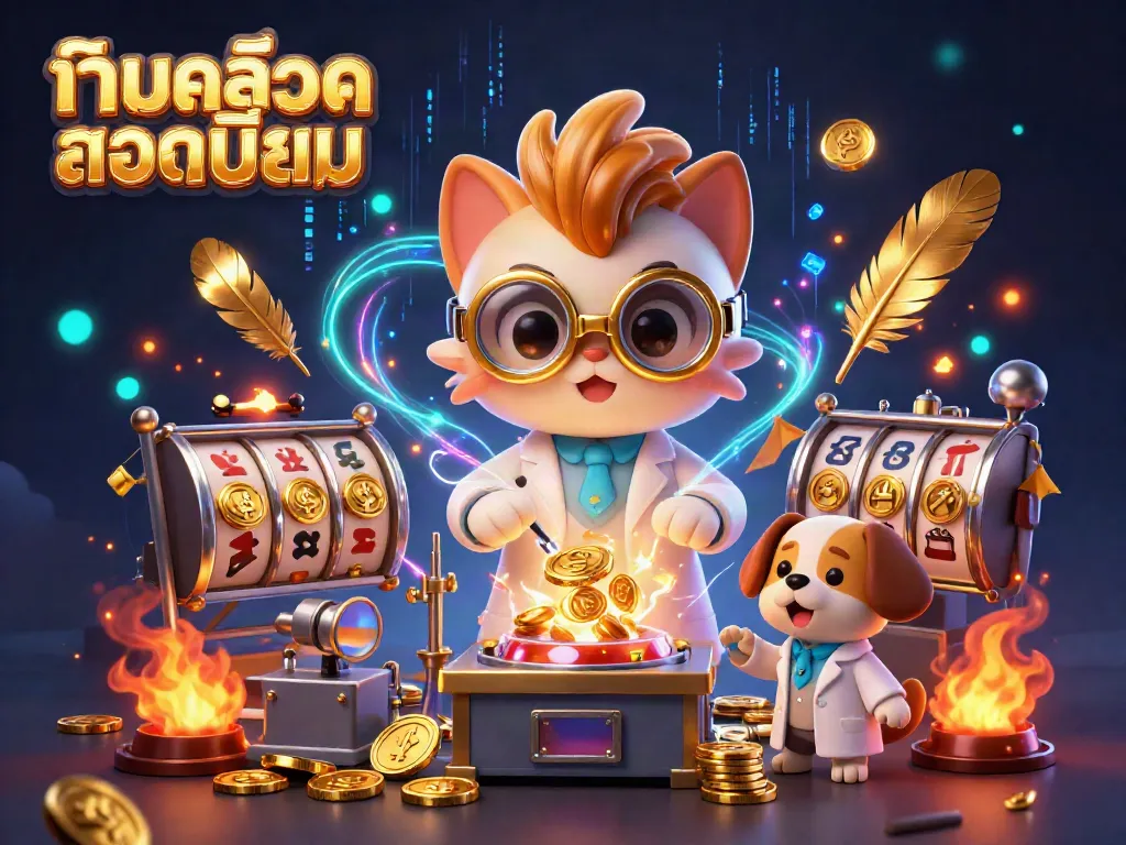 Experience เกมสล็อตยอดนิยม with a lively scene of a mad scientist cat and dog, showcasing slot elements and golden effects.