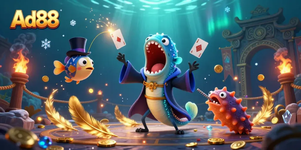 Ad88 showcases a magical underwater casino scene featuring unique characters and dynamic elements, creating an engaging gambling atmosphere.
