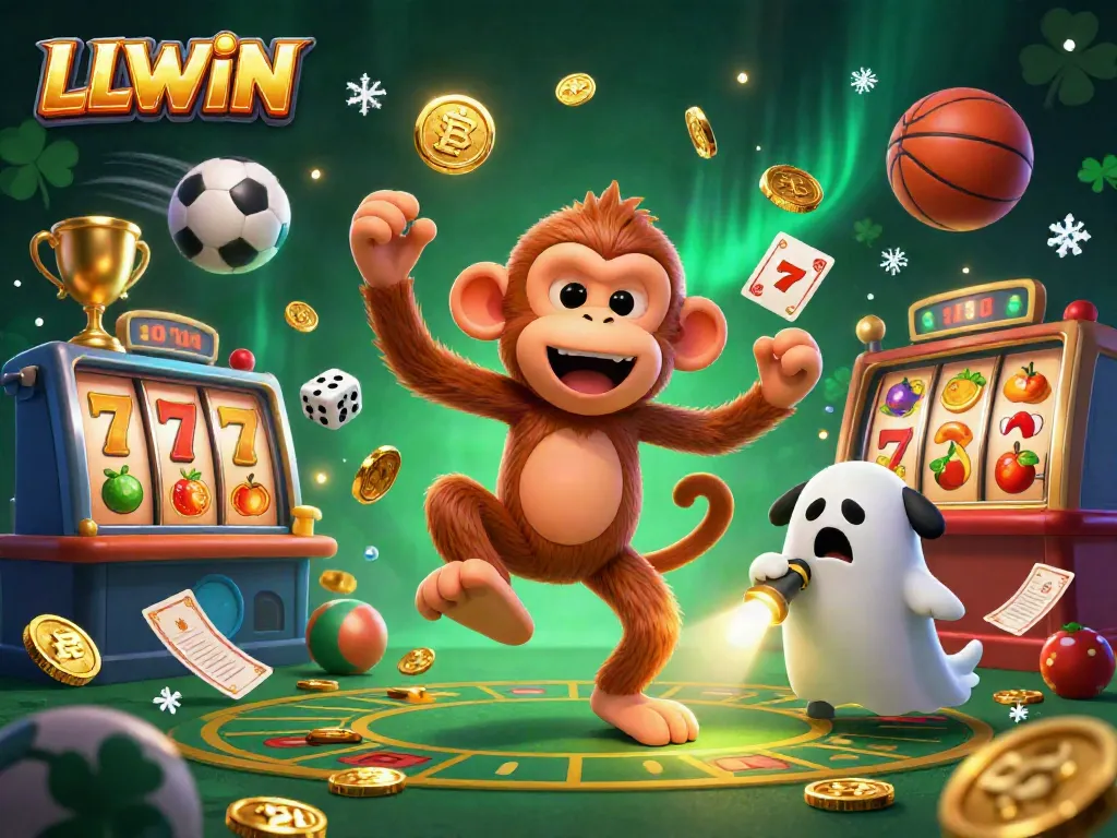 Experience the vibrant casino atmosphere with LLWIN as a poltergeist monkey juggles gold, captivating players in an exciting scene.