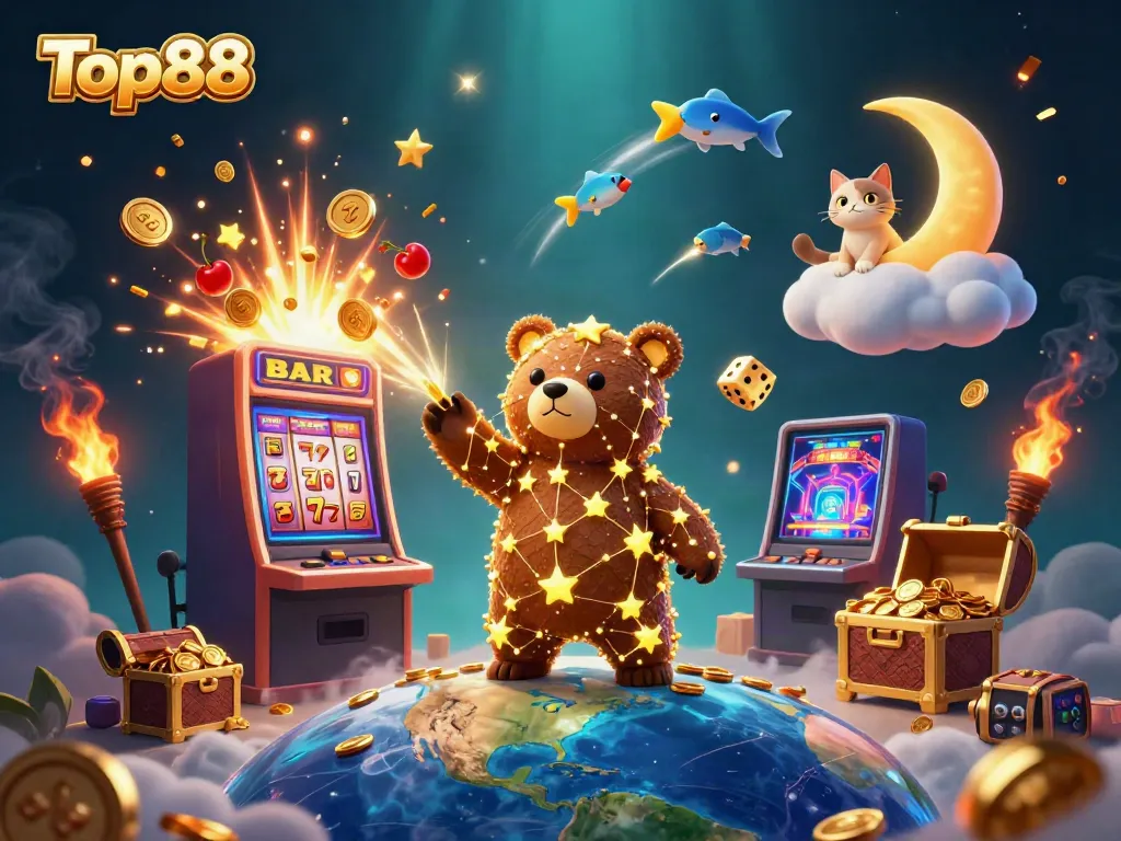 Engage with Top88 through vibrant casino elements, showcasing a jackpot explosion and immersive gaming experience.
