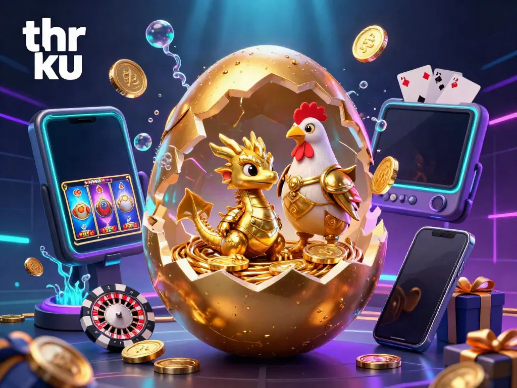 Experience thrilling gameplay with thr ku, showcasing a golden baby dragon among poker chips in a vibrant casino scene.