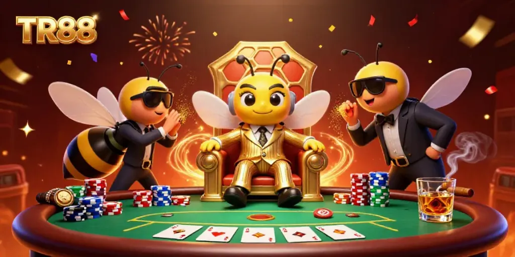 TR88 themed illustration with a bumblebee mob boss and poker elements surrounded by festive decorations.
