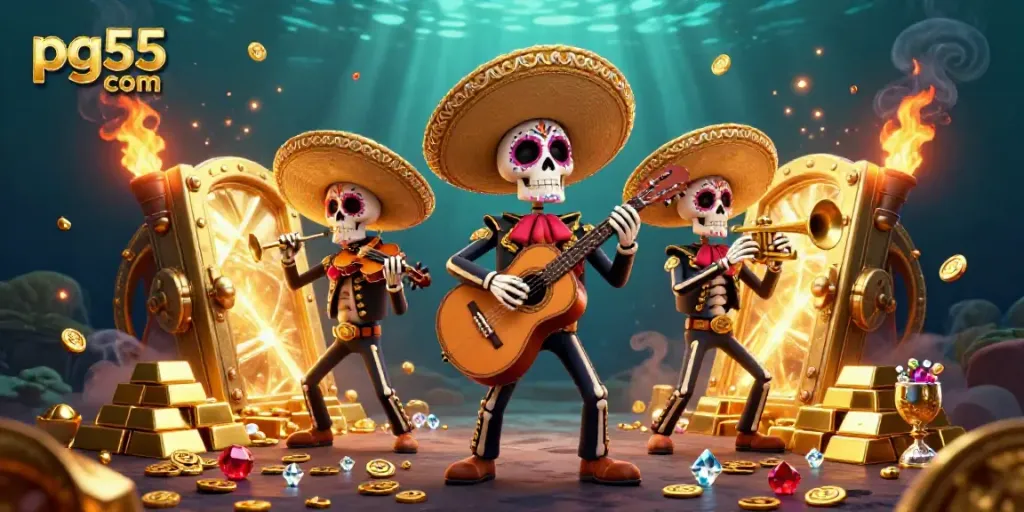 Experience the vibrant excitement at pg55 com with a colorful Day of the Dead mariachi band amidst treasures.