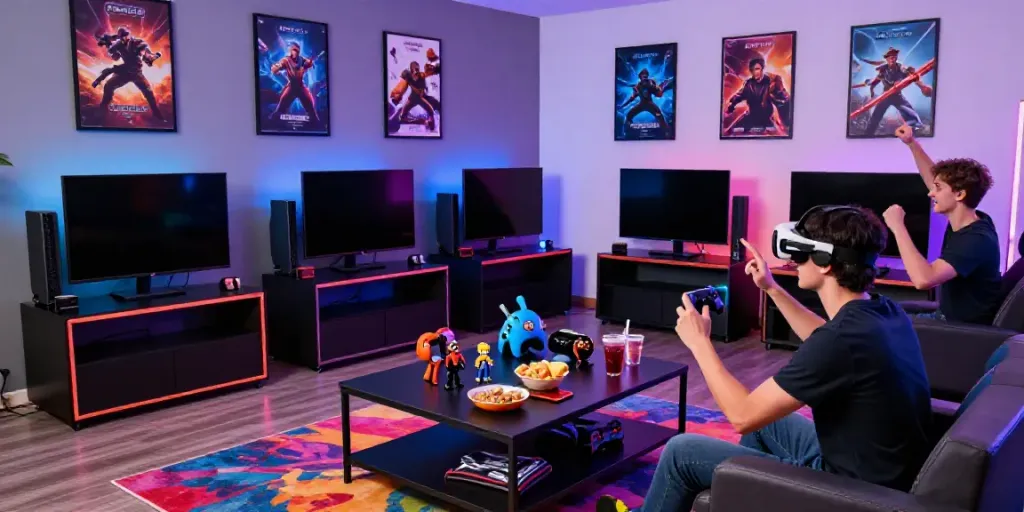 Friends playing psgslot in a vibrant gaming lounge filled with snacks and collectibles.