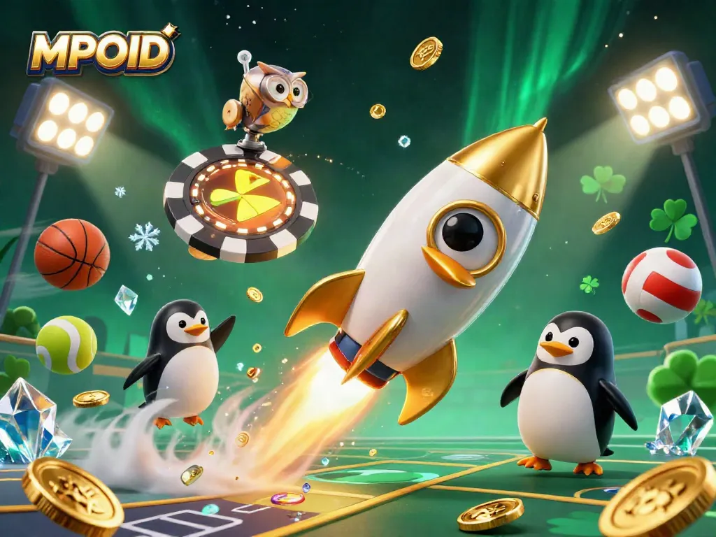 MPOID showcases a golden penguin in space, blending casino elements with sports flair.