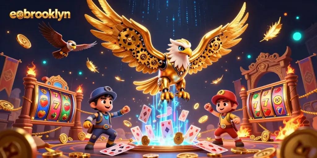 Experience vibrant action with the eobrooklyn cybernetic eagle amidst dazzling slot reels.