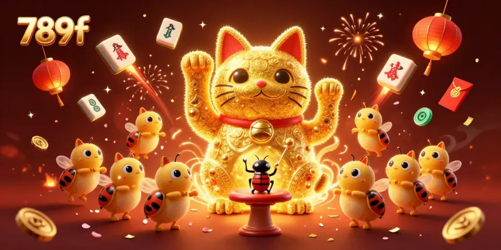 Experience the excitement of 789f with a dynamic illustration of golden fireflies and lucky cat symbols.