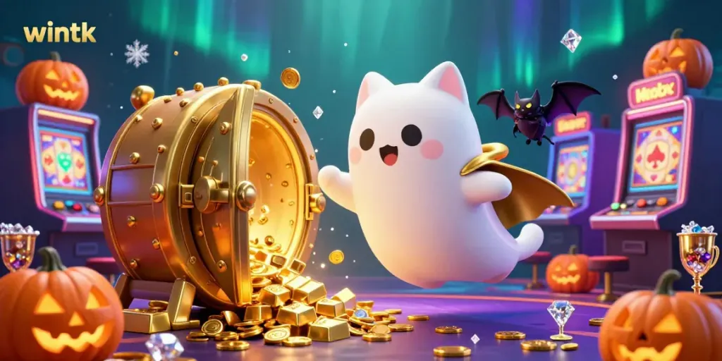 Engage with the ghost cat and vampire bat in the vibrant wintk casino scene filled with treasure and excitement.