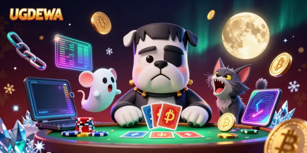 Engage with UGDEWA as a Frankenstein bulldog dealer, surrounded by crypto elements and vibrant casino scenes.