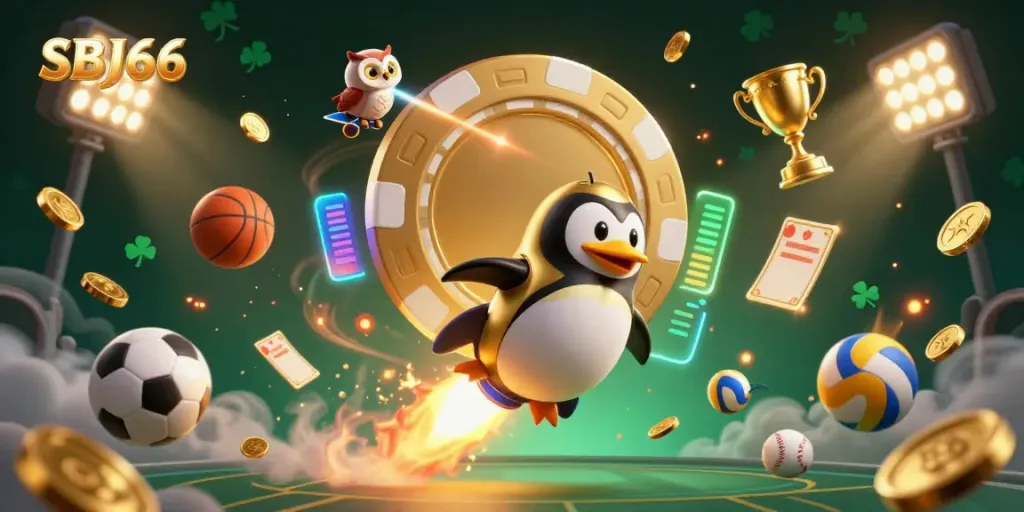 Engage in thrilling games with SBJ66 as a golden penguin travels through space towards a casino station.