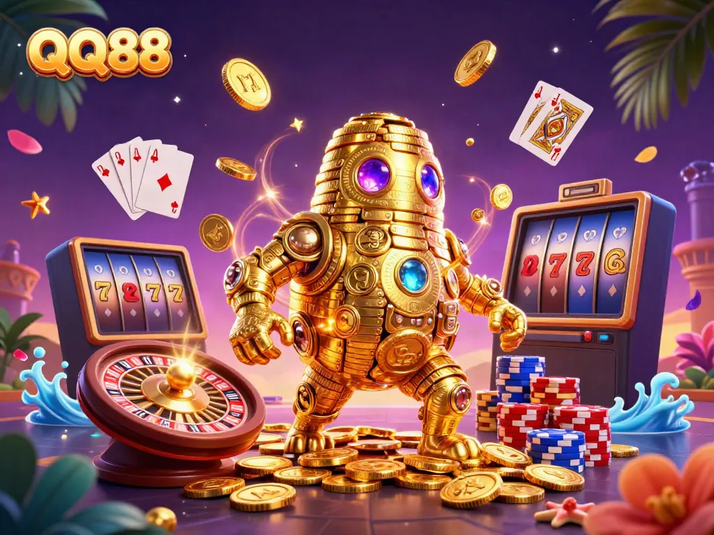 Experience the excitement of QQ88 with golden golems and dynamic casino elements in this 3D illustration.