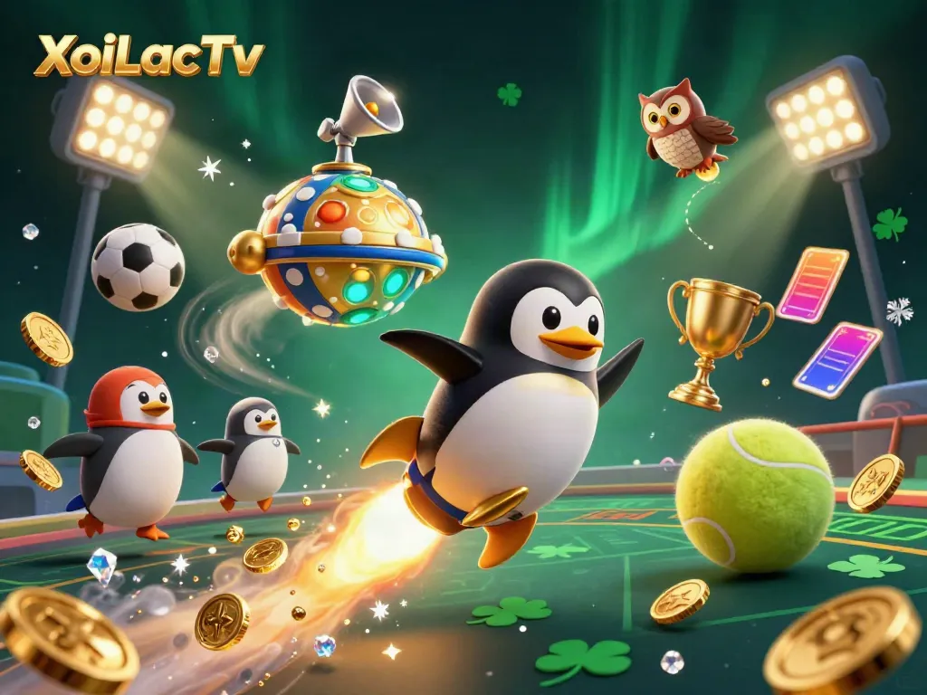 XoiLacTv showcases a golden penguin launching into a casino-themed space, surrounded by sports elements and gold.
